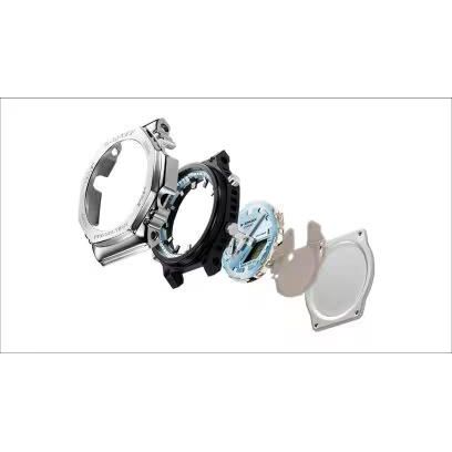 Exploded view of CASIO G-SHOCK Mod. OAK G-STEEL PETROL BLUE watch components, showcasing the stainless steel and resin case materials.
