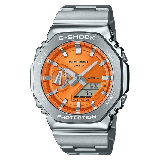 CASIO G-SHOCK Mod. OAK G-STEEL VIVID ORANGE wristwatch with 20 ATM water resistance, quartz movement, stainless steel and resin. Ideal for gents.