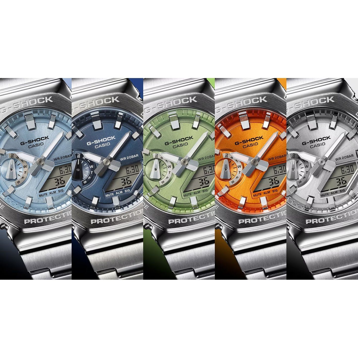 Collection of CASIO G-SHOCK Mod. OAK G-STEEL VIVID ORANGE watches with vibrant dials.