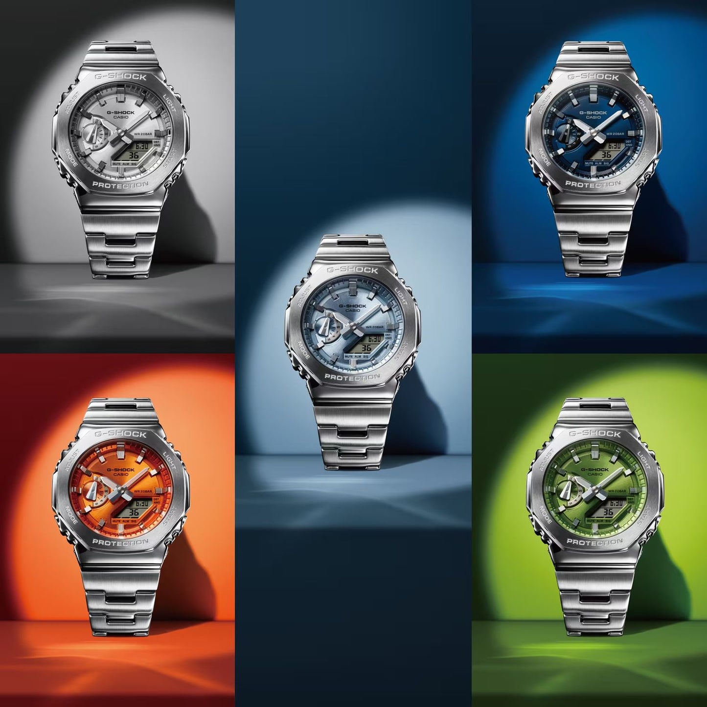 Display of CASIO G-SHOCK Mod. OAK G-STEEL VIVID ORANGE wristwatch with variations in color and style against colorful backgrounds.