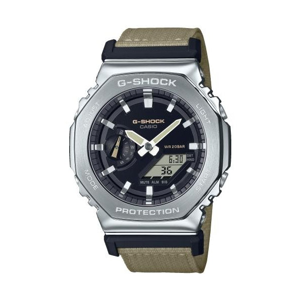 CASIO G-SHOCK Mod. OAK METAL COVERED - UTILITY SERIE KHAKI BEIGE wristwatch with stainless steel case and khaki fabric strap.