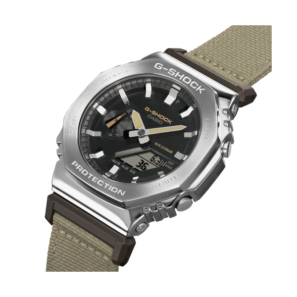 CASIO G-SHOCK Mod. OAK METAL COVERED - UTILITY SERIE KHAKI BEIGE wristwatch, fabric strap, multifunction quartz movement.