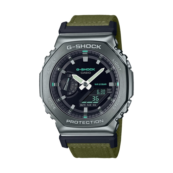 CASIO G-SHOCK Mod. OAK METAL COVERED - UTILITY SERIE KHAKI GREEN wristwatch, 20 ATM water resistant, fabric strap.