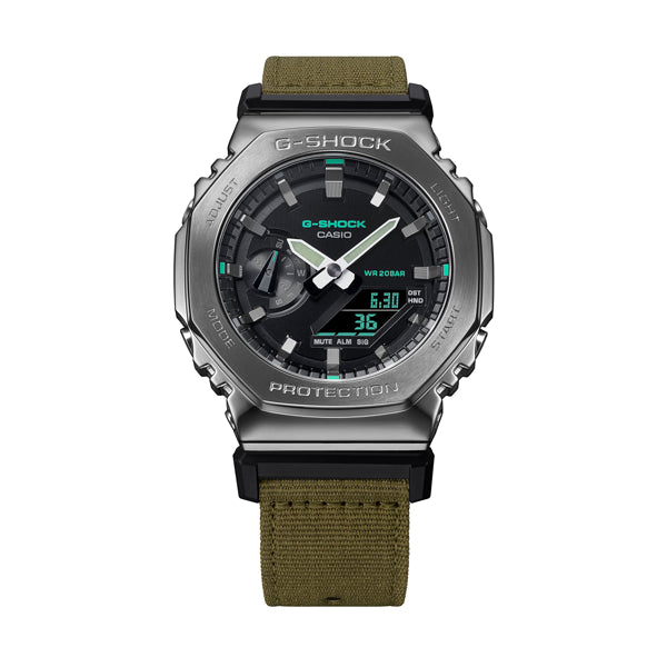 CASIO G-SHOCK Mod. OAK METAL COVERED - UTILITY SERIE KHAKI GREEN wristwatch, water resistant, multifunction quartz watch with fabric strap.