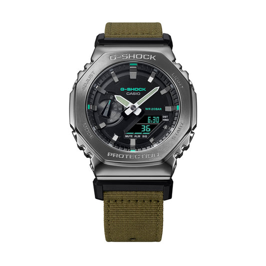 CASIO G-SHOCK Mod. OAK METAL COVERED - UTILITY SERIE KHAKI GREEN wristwatch, water resistant, multifunction quartz watch with fabric strap.