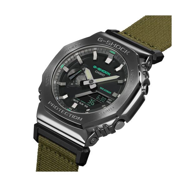 CASIO G-SHOCK Mod. OAK METAL COVERED - UTILITY SERIE KHAKI GREEN wristwatch with SS & Resin, fabric strap, multifunctional quartz movement