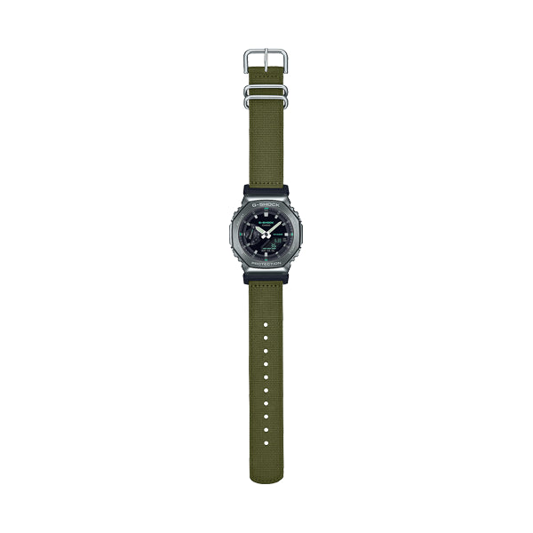 CASIO G-SHOCK Mod. OAK METAL COVERED - UTILITY SERIE KHAKI GREEN wristwatch with fabric strap, multifunction quartz movement.