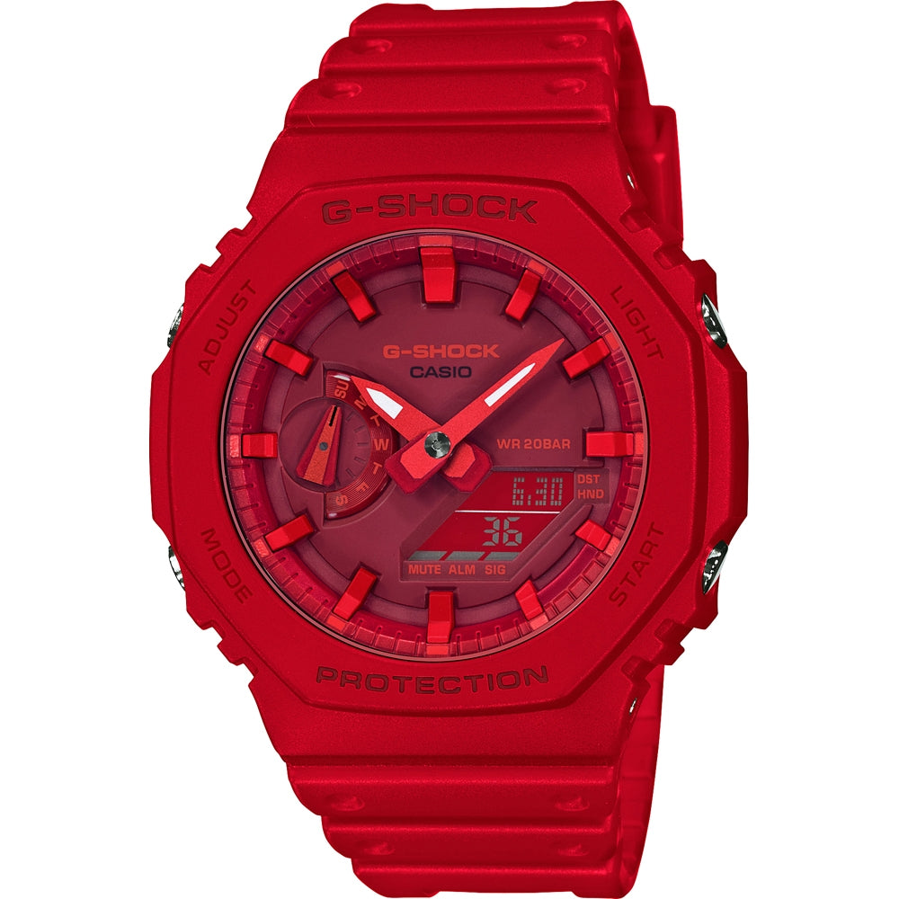 Red CASIO G-SHOCK Mod. OAK - TONE ON TONE SERIE wristwatch with multifunction quartz movement, 20 ATM water resistance, carbon and resin case.