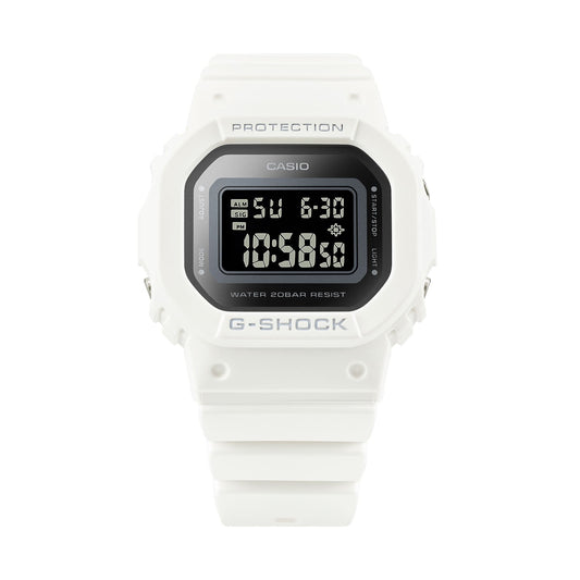 Alt Tag: CASIO G-SHOCK Mod. THE ORIGIN Small watch with white resin strap and multifunction display, 20 ATM water resistance, unisex design.