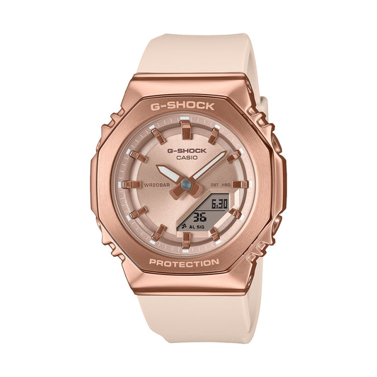 CASIO G-SHOCK WATCHES Mod. GM-S2110PG-4AER in rose gold with beige strap, featuring digital and analog display.