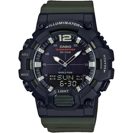 CASIO SPORT Mod. ILLUMINATOR - BLACK. ARMY GREEN wristwatch with resin strap, quartz movement, and multifunction features, front view.