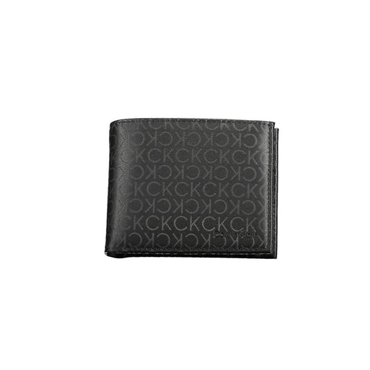 Calvin Klein Black Polyester Men Wallet featuring iconic logo pattern design and RFID protection, perfect for stylish urban adventures.