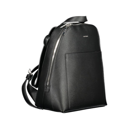 Calvin Klein Black Polyethylene Backpack with adjustable straps, external pocket, and zip closure, featuring logo detail.