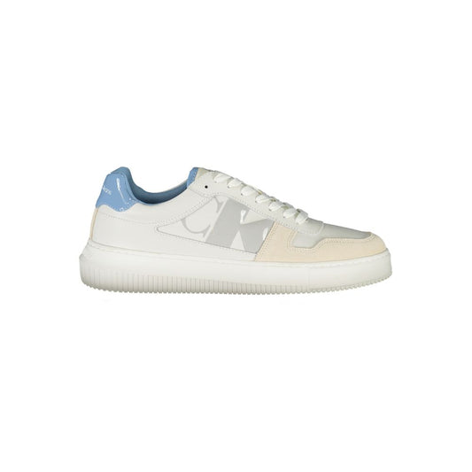 Calvin Klein Eco-Conscious Sneakers with Contrasting Details, featuring laces, bold print, and iconic logo in sustainable materials.
