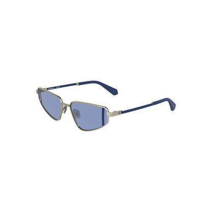 Calvin Klein Gray Metal Women Sunglasses with blue lenses, sleek rectangular design, 57 mm lens, 15 mm bridge, 140 mm temples.