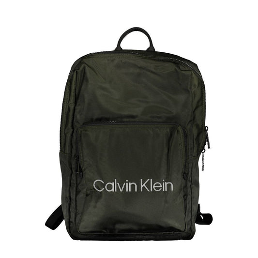 Calvin Klein Green Polyester Men Backpack with logo, external pocket, and internal laptop space for urban style and functionality.