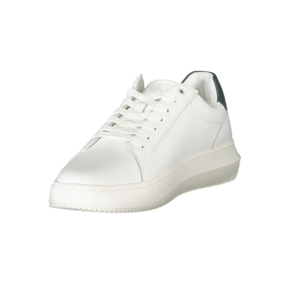 Calvin Klein White Leather Men Sneaker with green accents, featuring comfort insole and iconic logo print.