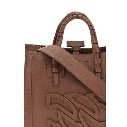 Close-up of Casadei Brown Calf Leather Bos Taurus Shoulder Bag with embossed logo, tubular handles, and adjustable strap.