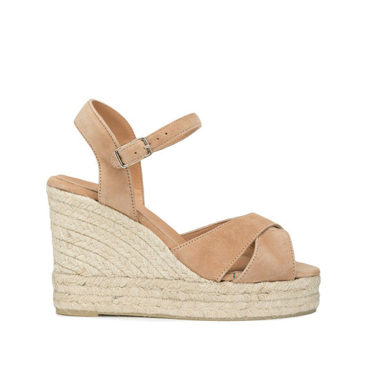 Castañer Castaner Flat shoes Brown espadrilles with beige leather, braided raffia platform, silver-tone hardware, buckle fastening.