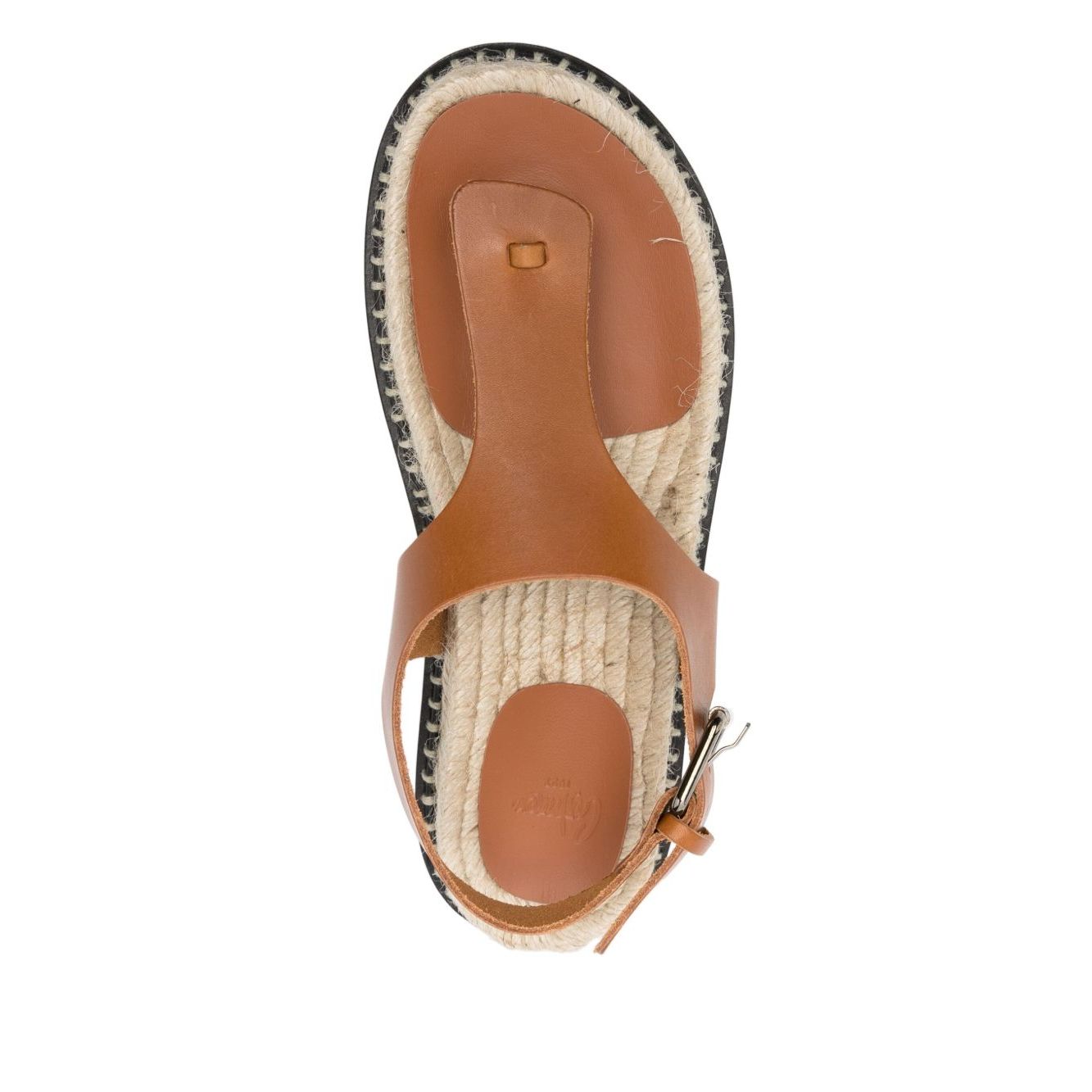 Castañer Castaner Sandals Leather Brown with ankle strap and flat rubber sole, cognac brown, size platform 1.2 in, top view.