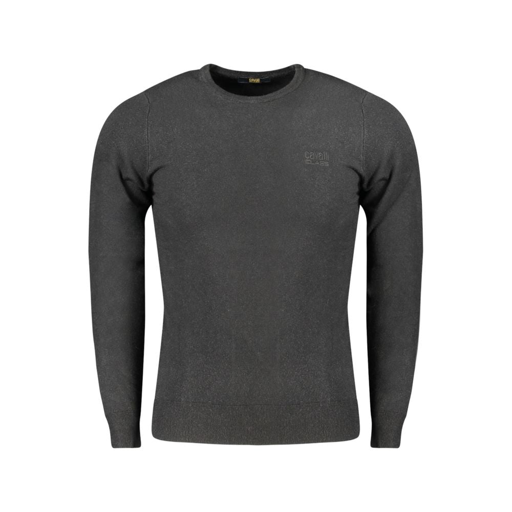 Cavalli Class Black Viscose Men Sweater with crew neck and embroidered logo, showcasing a blend of style and sophistication.