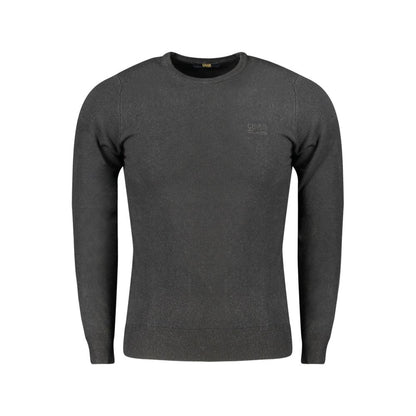 Cavalli Class Black Viscose Men Sweater with crew neck and embroidered logo, showcasing a blend of style and sophistication.