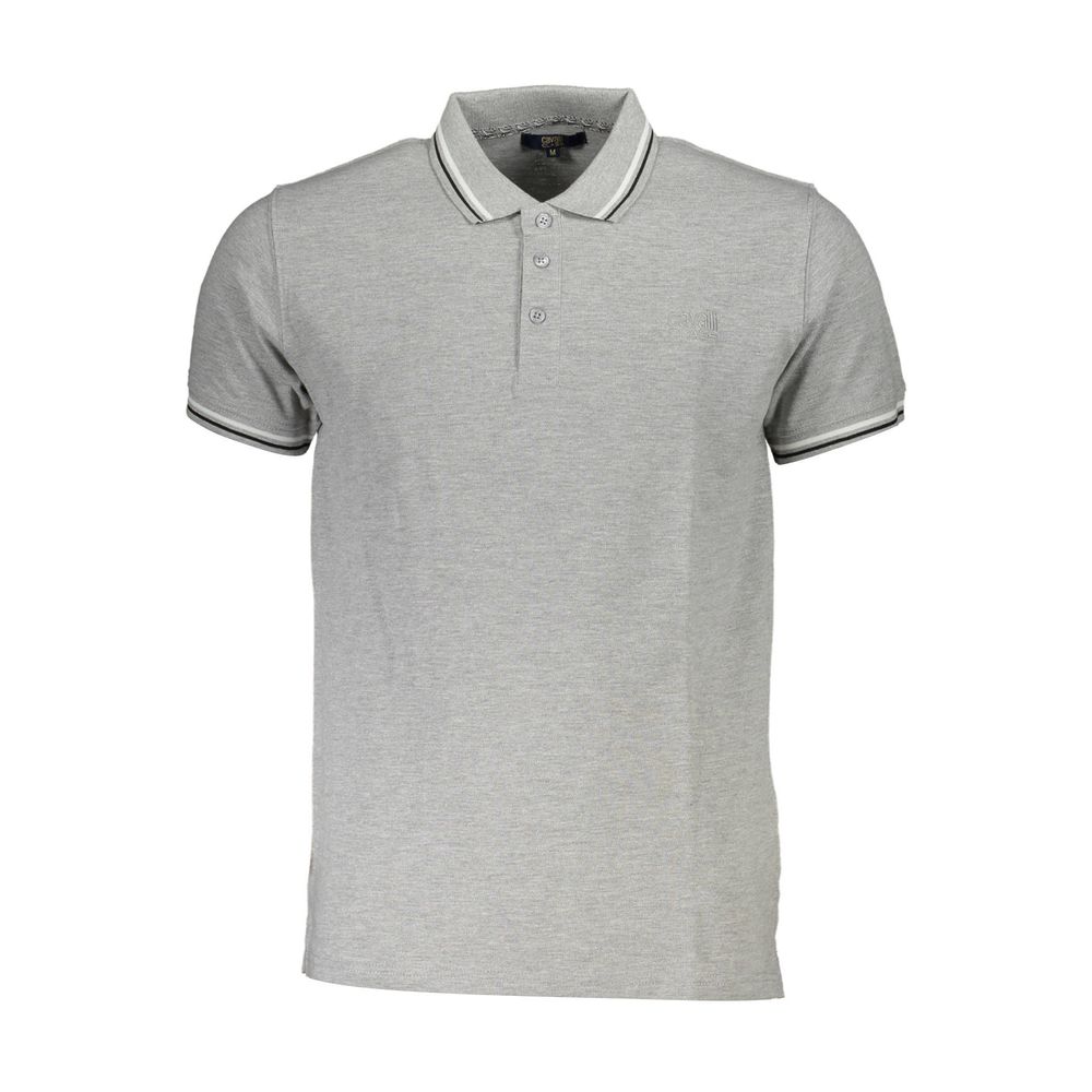 Gray short-sleeve polo shirt with contrasting collar and cuff accents