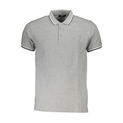 Gray short-sleeve polo shirt with contrasting collar and cuff accents