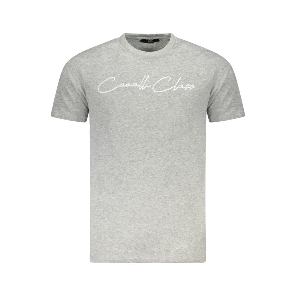Cavalli Class Gray Cotton Men T-Shirt with short sleeves and signature print, showcasing casual luxury and bold Cavalli style.