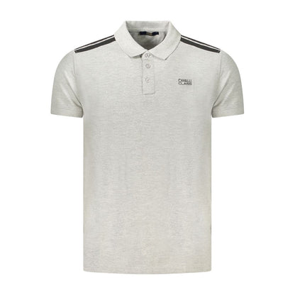 Cavalli Class Gray Cotton Polo Shirt with short sleeves, 3 buttons, contrasting details, and embroidered logo.