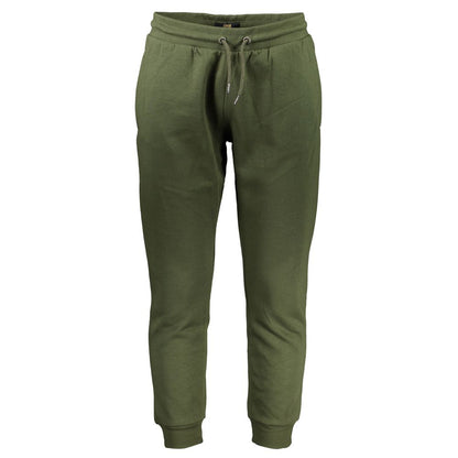 Cavalli Class Green Cotton Pant with elastic waist, 3 pockets, ankle cuff, embroidery, and logo detailing.