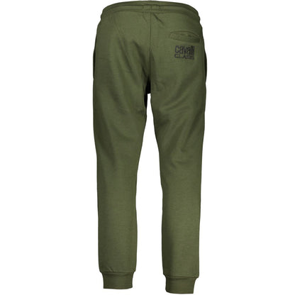 Cavalli Class Green Cotton Pant with elastic waist, ankle cuff, 3 pockets, laces, embroidery, and logo detailing