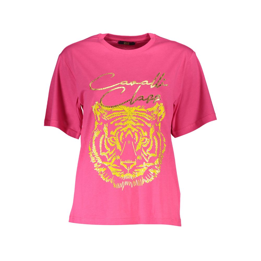 Cavalli Class Pink Cotton Women T-Shirt with tiger print and logo, stylish round-neck design for fashion-forward wardrobe.