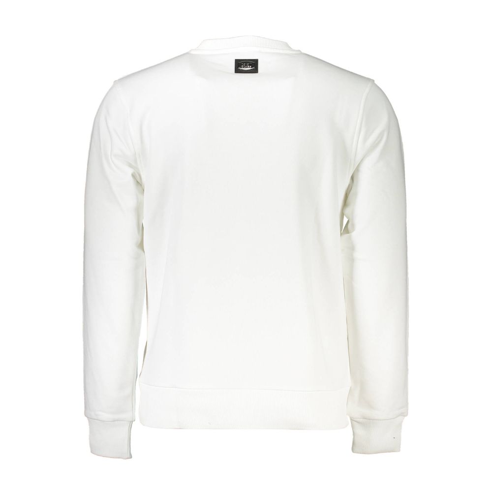 Back view of Cavalli Class White Cotton Men Sweater displaying classic crew neck and brushed texture.