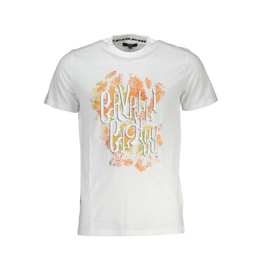 Cavalli Class White Cotton Men T-Shirt with bold print and logo, offers luxury and comfort in a stylish design.