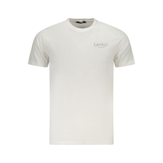 Cavalli Class White Cotton Men's T-Shirt with logo and bold print, short sleeve, crew neck, high-fashion style for distinguished taste.