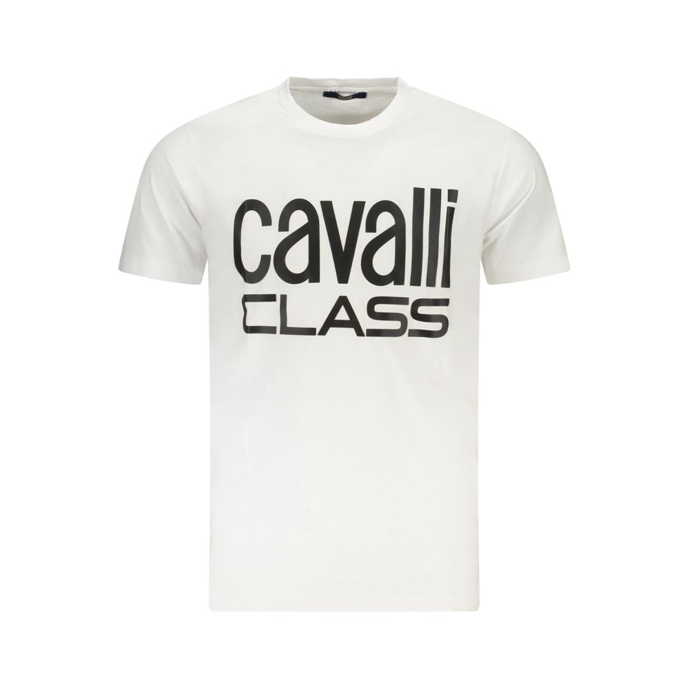 Cavalli Class White Cotton T-Shirt with crew neck, short sleeves, and logo print design.