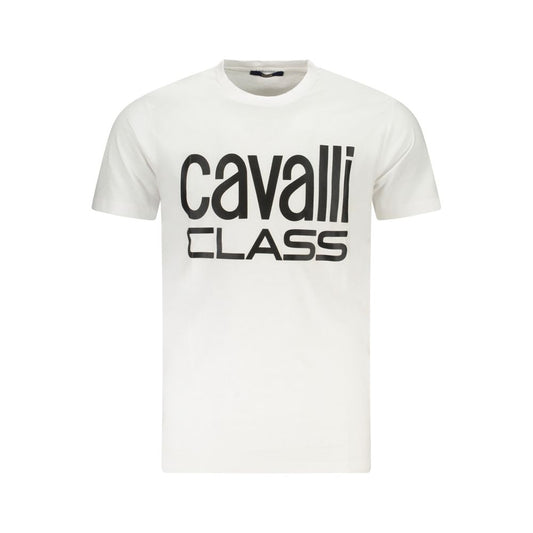 Alt Tag: Cavalli Class White Cotton T-Shirt with logo print, short sleeves, and crew neck design.