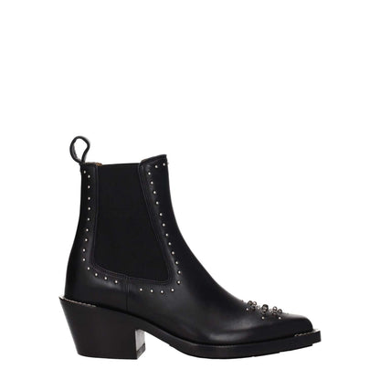 Chloé Black Leather Ankle Boots with studs and silver stones, featuring mid heels and square toe.