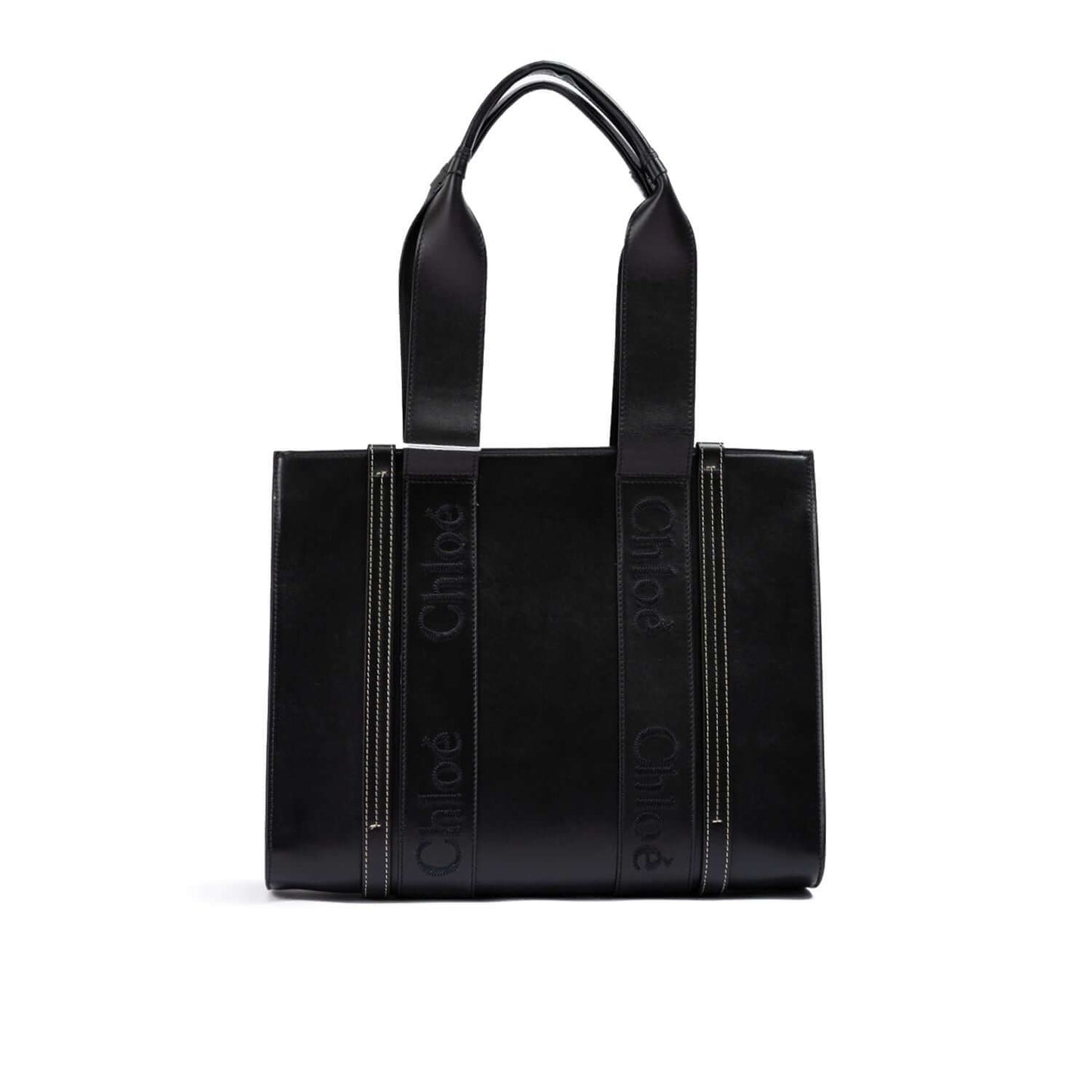Alt Tag: Chloé Black Woody Embroidered Logo Leather Medium Tote Bag with black leather, medium size, embroidered logo, and sturdy handles.