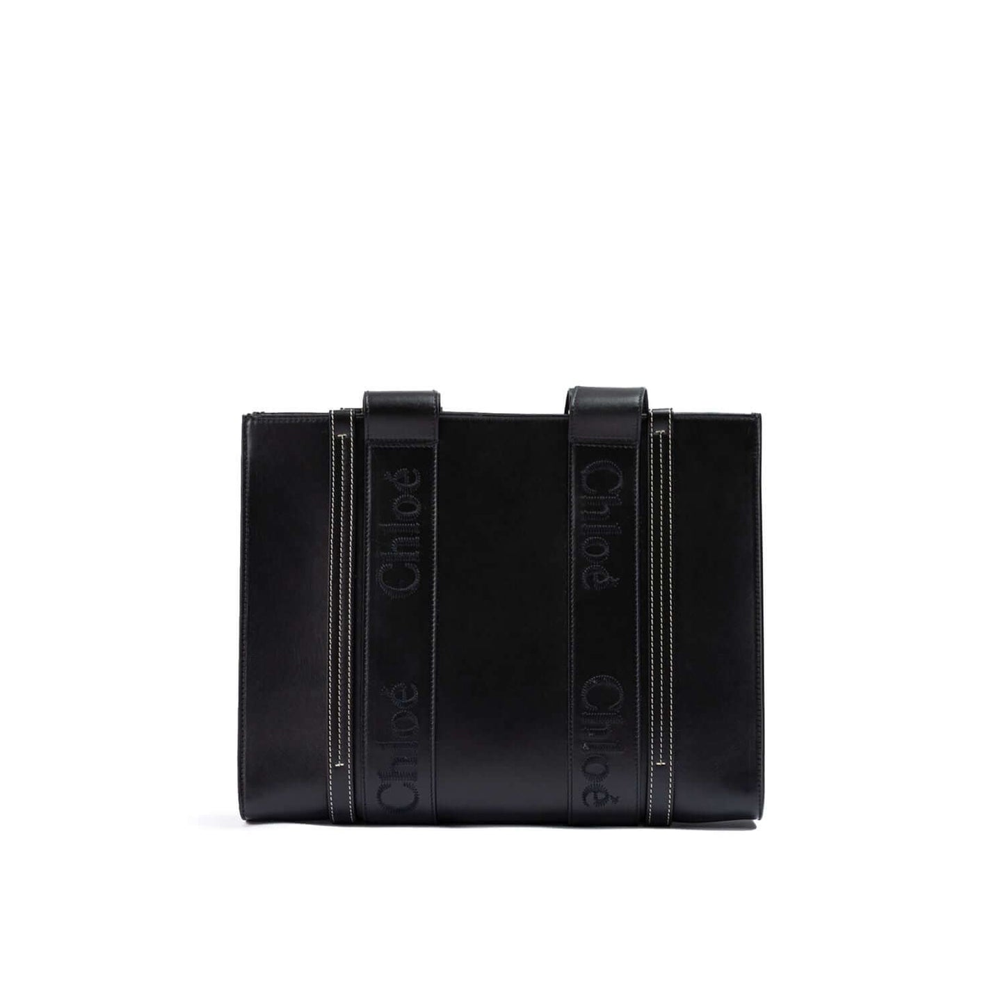 Chloé Black Woody Embroidered Logo Leather Medium Tote Bag with handles and spacious interior, sustainable fashion accessory.