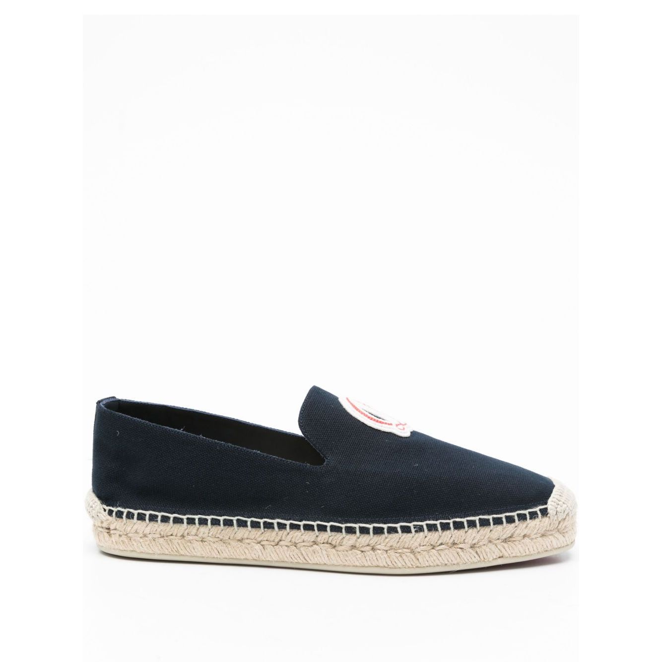 Side view of dark blue Christian Louboutin Mooncrest espadrilles with embroidered logo and flat espadrille sole.