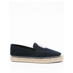Side view of dark blue Christian Louboutin Mooncrest espadrilles with embroidered logo and flat espadrille sole.