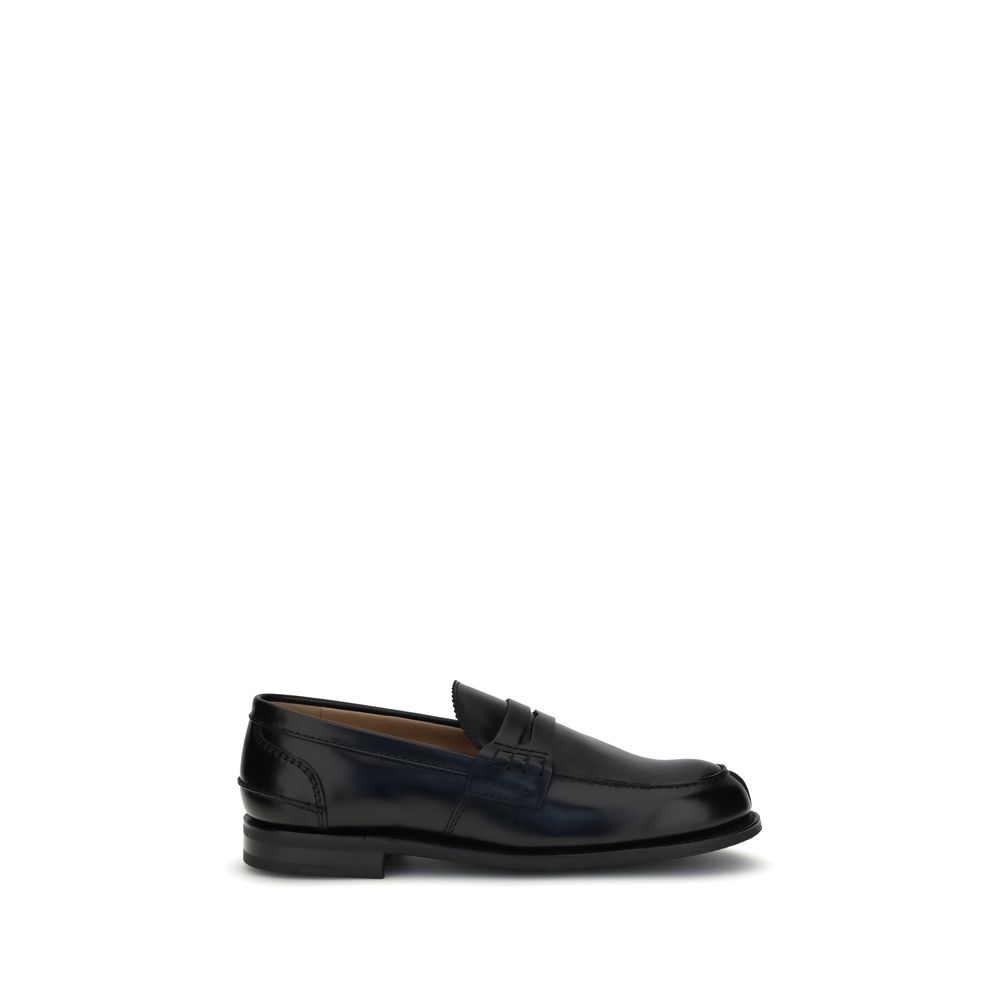 Church's Black Calf Leather Bos Taurus Slip-On Loafers, classic college style with hand-stitched sides and Bookbinder leather finish.