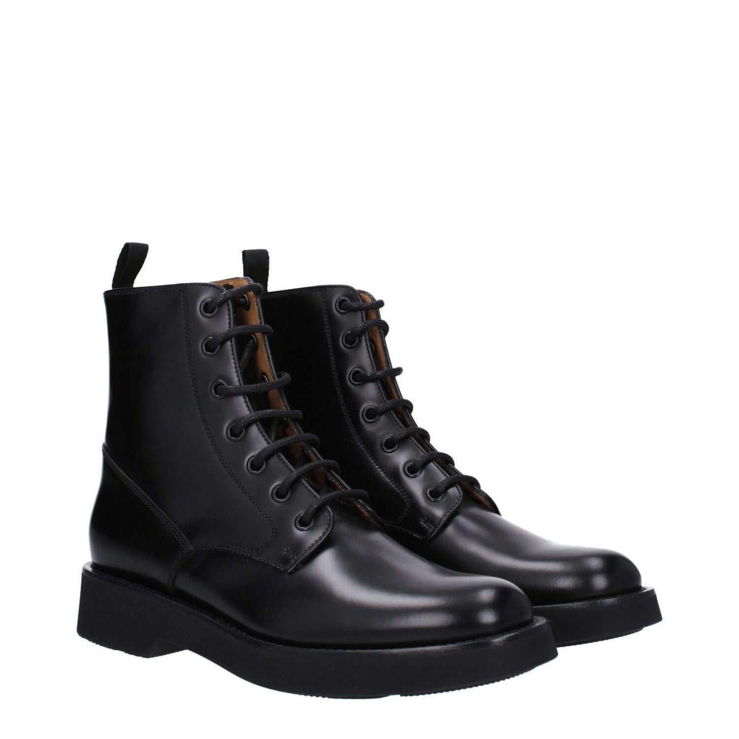Church's Black Leather Ankle Boots with lace-up closure, round toe, and low flat heel. Features include aged and vintage effect design.