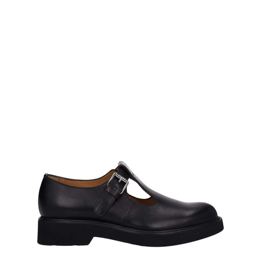Church's Black Leather Oxfords And Derbies with buckle closure, rubber sole, round toe, and mid heels in black leather.
