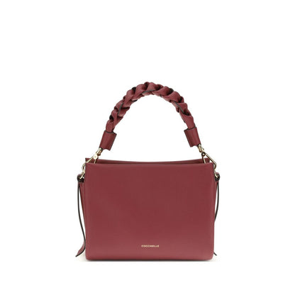 Coccinelle Bordeaux Calf Leather Bos Taurus Shoulder Bag with braided handle and versatile strap, elegant garnet leather handbag