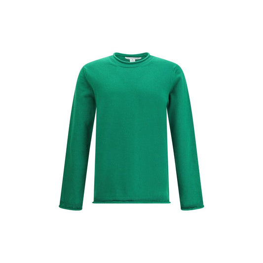 Comme Des Garçons Green Wool Sweatshirt with ribbed knit texture and round neckline, showcasing long sleeves for a refined style.