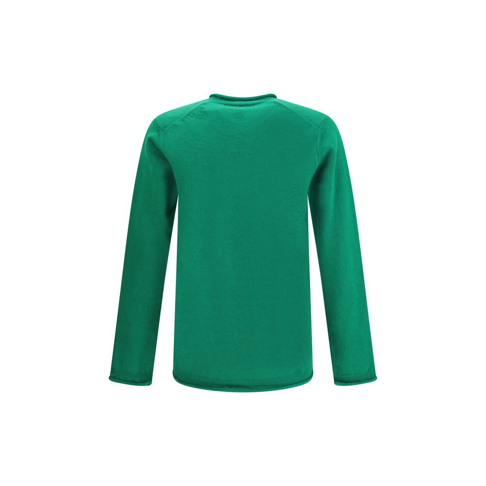 Back view of Comme Des Garçons Green Wool Sweatshirt with long sleeves and ribbed knit texture, ideal for contemporary everyday elegance.