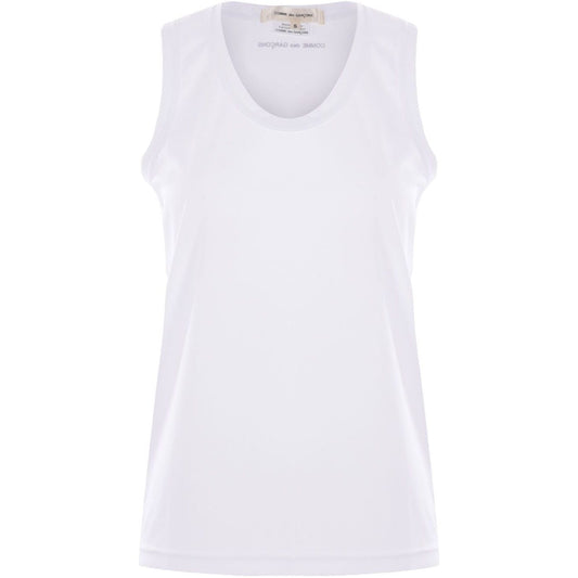 Comme des Garcons Top White scoop neck sleeveless tank with logo print on rear.